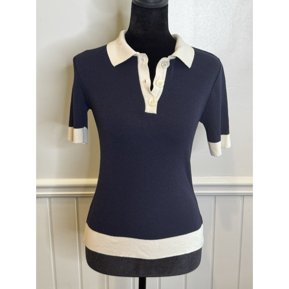 LARTIGENT Knit Polo Top Free Size Navy Cream Minimalist Quiet Luxury Chic - Picture 6 of 9